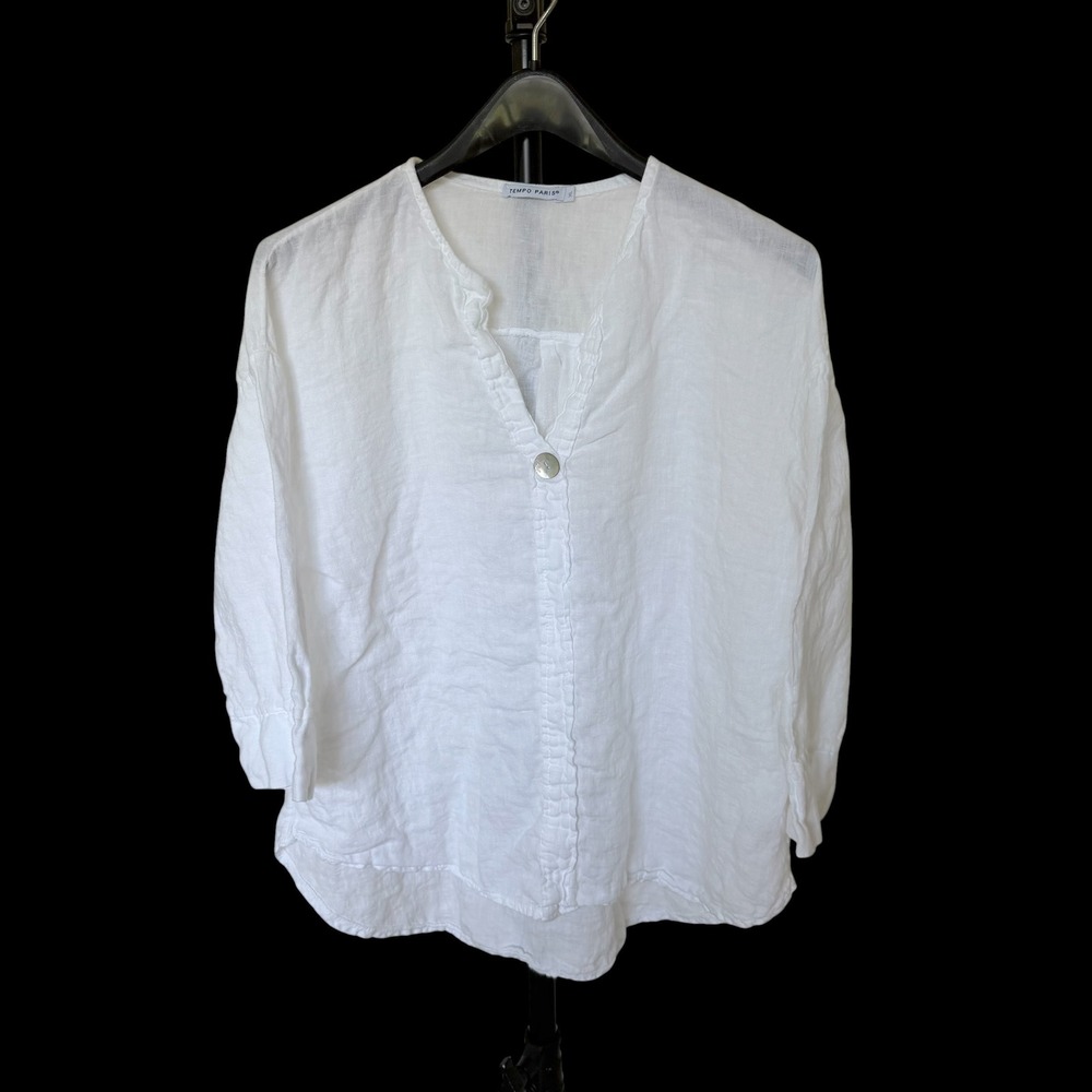 Tempo Paris White 100% Linen V-Neck Ruffle Blouse Made in Italy XL